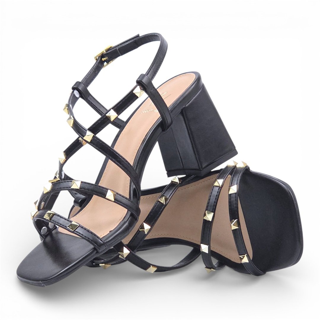 Sandália Salto Bloco Enfeite Metal Preto 2