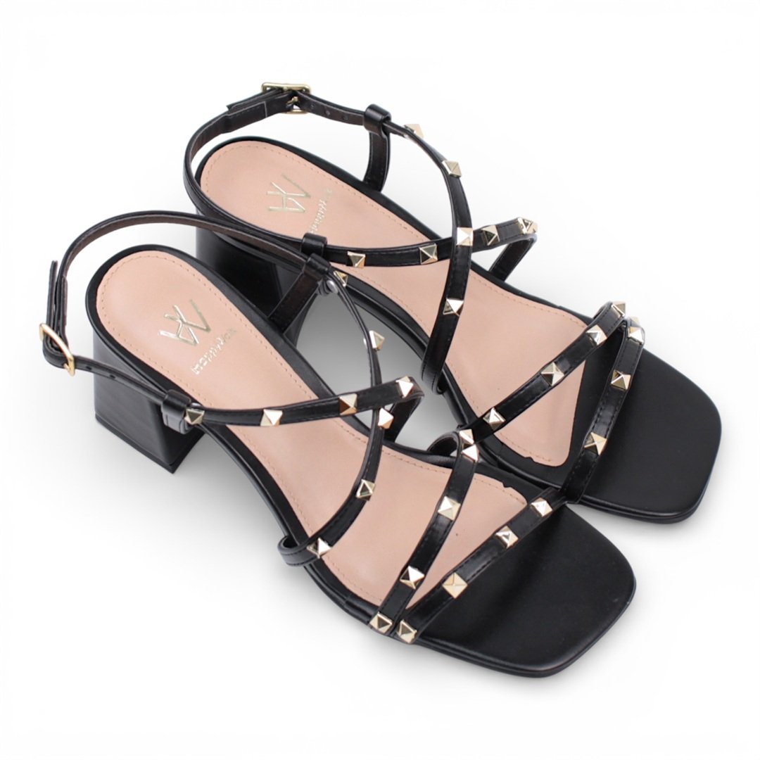 Sandália Salto Bloco Enfeite Metal Preto 4