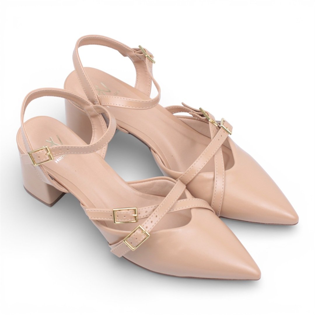 Slingback Salto Bloco Fivela Bege 5