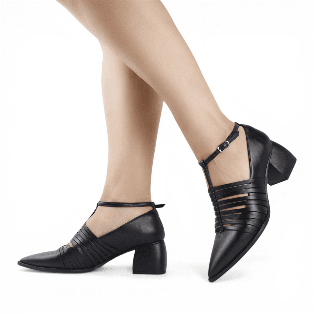 Scarpin Salto Bloco Fechado Couro Preto 2