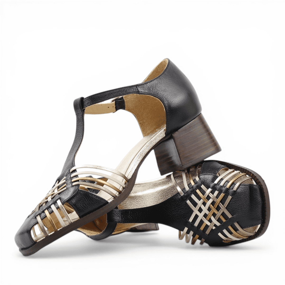 Sandália Salto Bloco Couro Preto/Dourado 3
