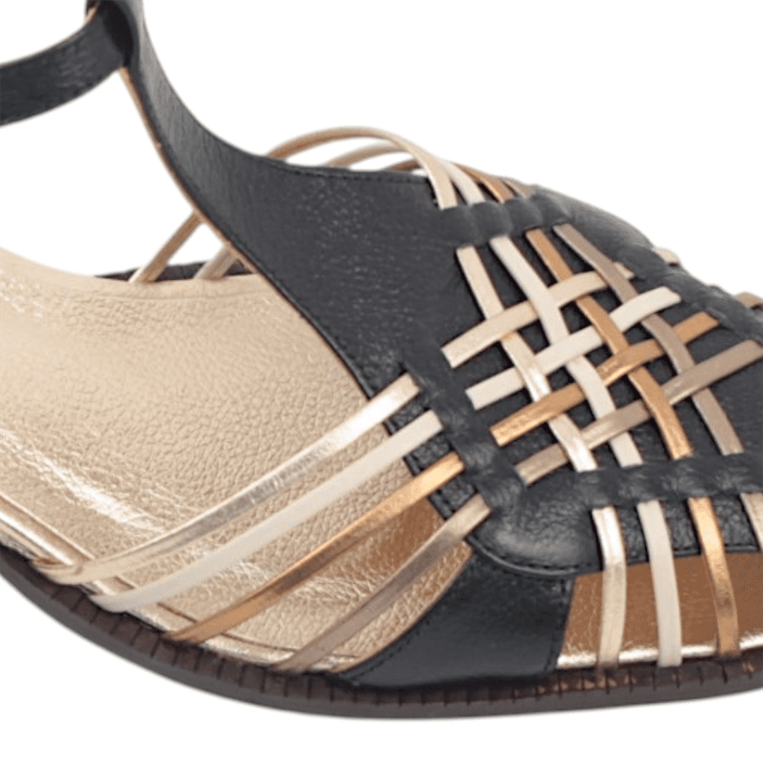 Sandália Salto Bloco Couro Preto/Dourado 5