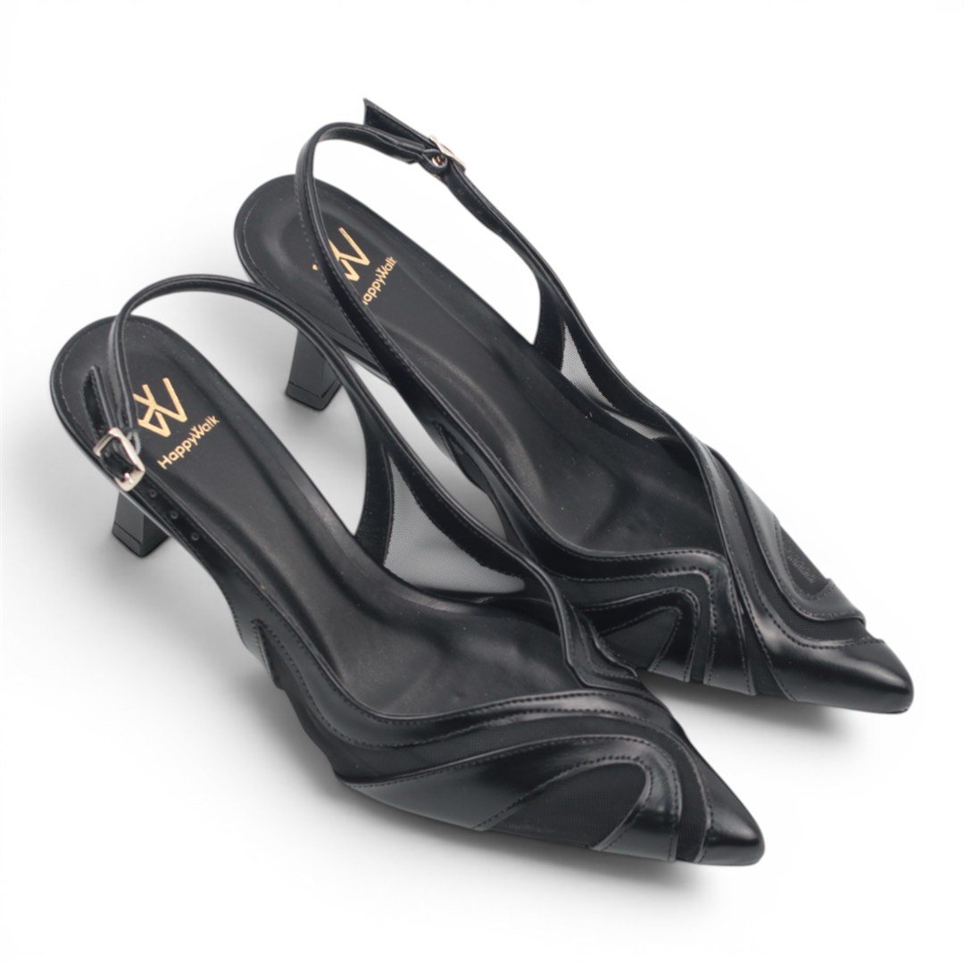Scarpin Slingback Salto Fino Tela Preto 2