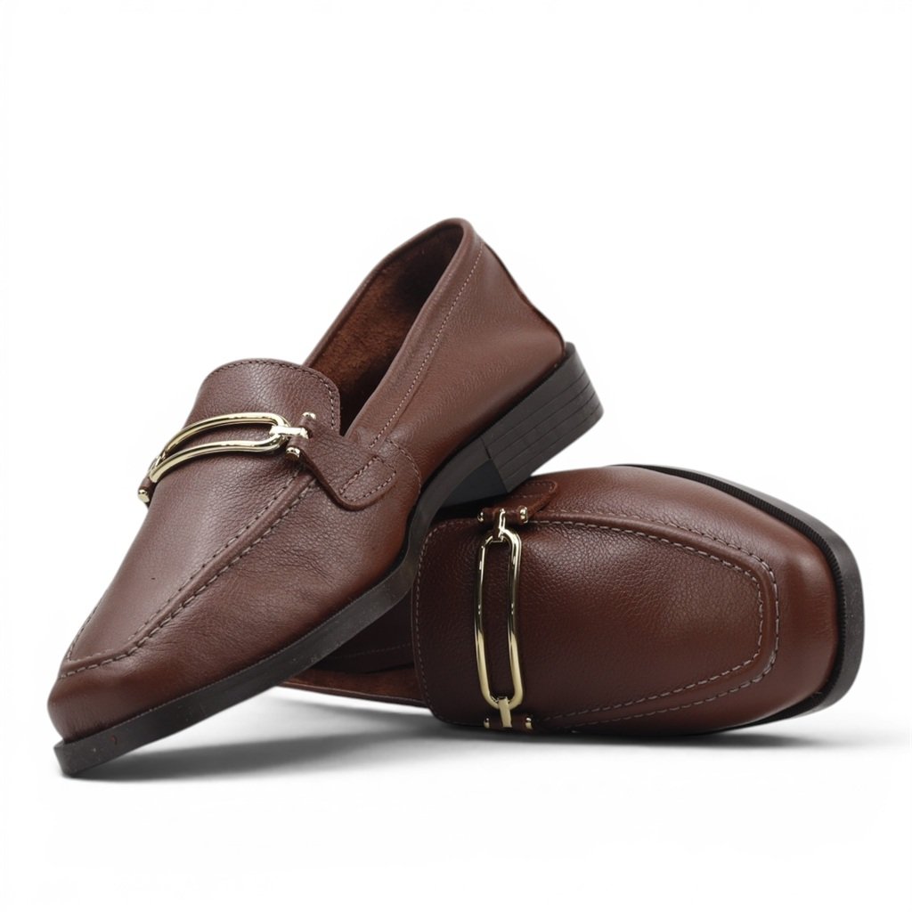 Mocassim Couro Enfeite Metal Marrom 2