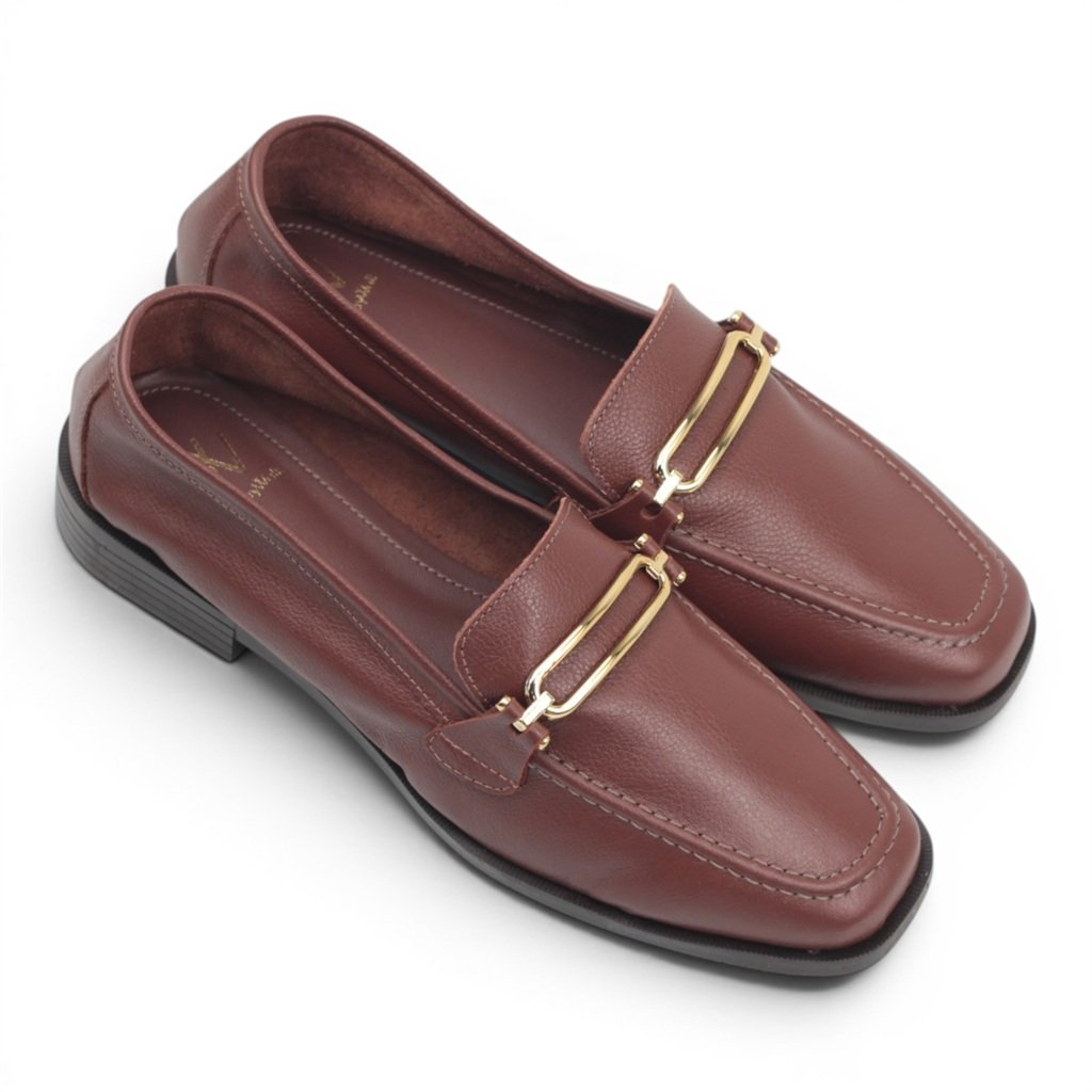 Mocassim Couro Enfeite Metal Marrom 4