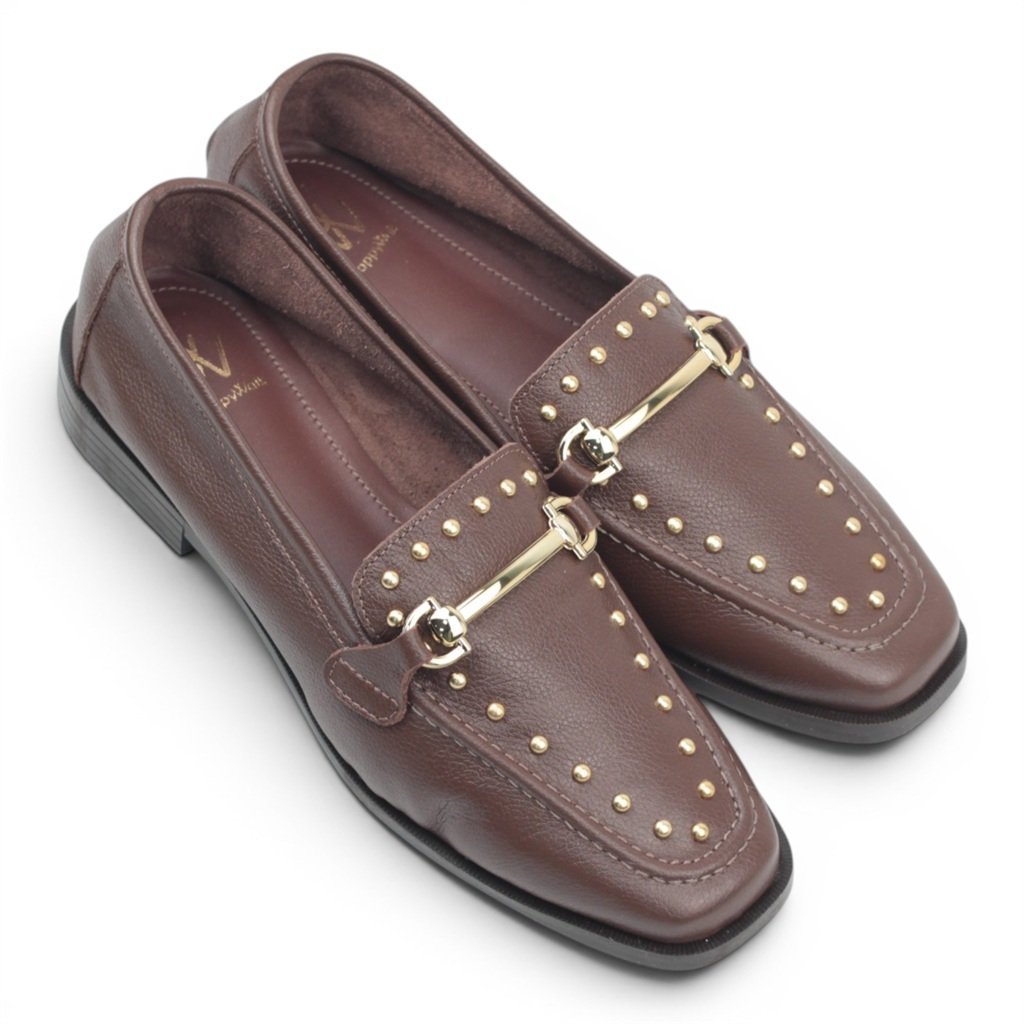 Mocassim 3 Couro Enfeite Metal 71008 Marrom 2
