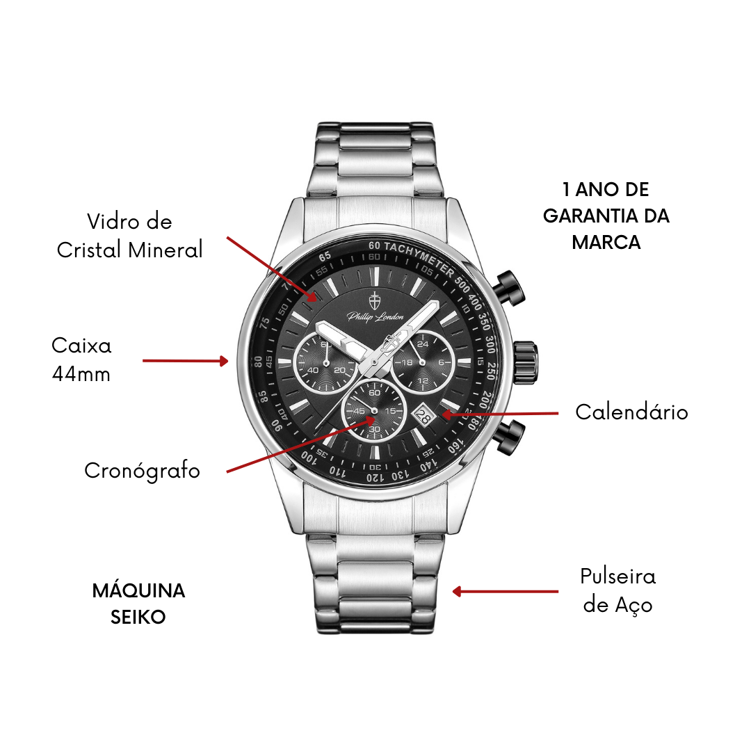 Relógio Masculino Hazard Steel Silver Black 44mm Prata 3
