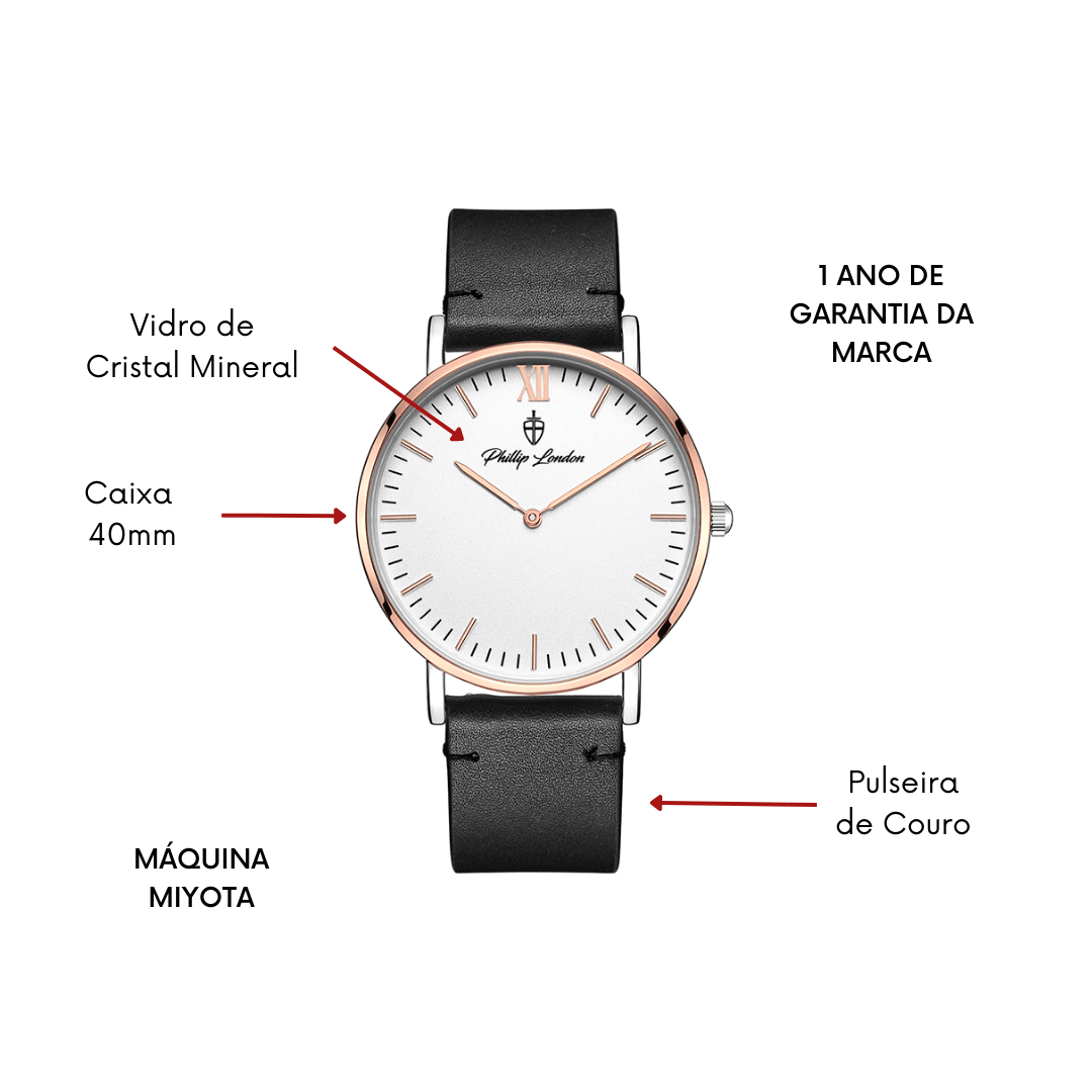 Relógio Masculino Greenwich Leather Rose White Black 40mm Preto 6