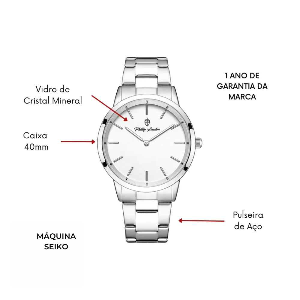 Relógio Masculino Beckham Steel Silver White 40mm Prata 11