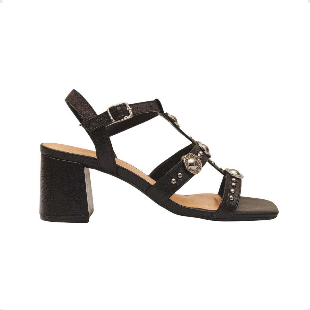 Sandália Salto Alto Bloco Dm Celeste Apliques Couro Preta Preto 1