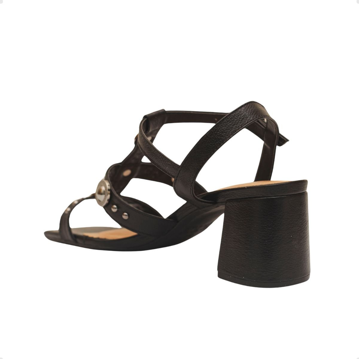 Sandália Salto Alto Bloco Dm Celeste Apliques Couro Preta Preto 5