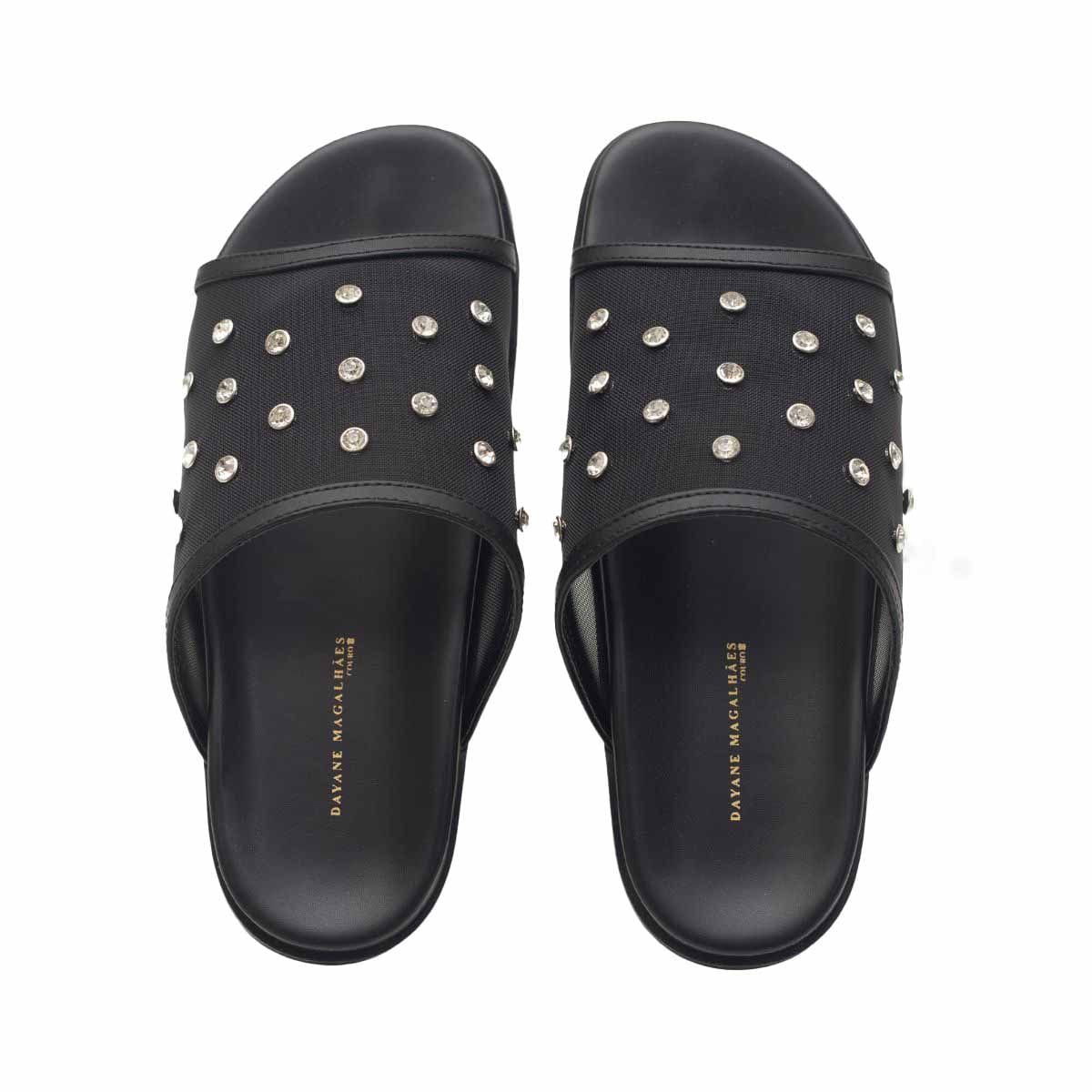 Tamanco Papete Dayane Magalhães Celeste Couro Tela Strass Preto Preto 1