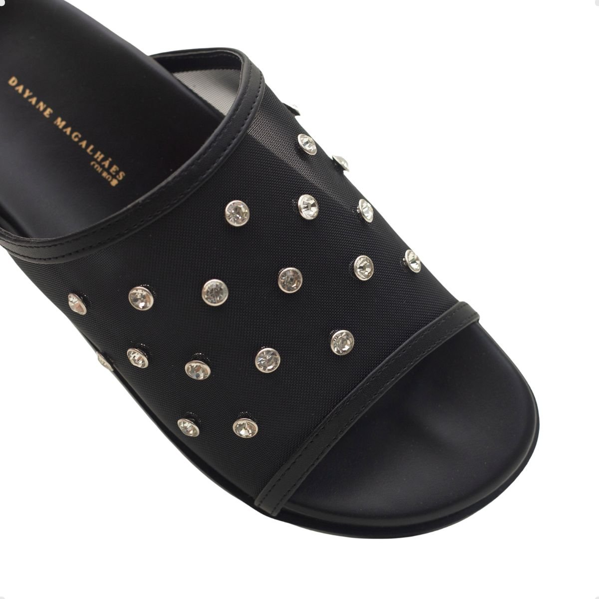 Tamanco Papete Dayane Magalhães Celeste Couro Tela Strass Preto Preto 3