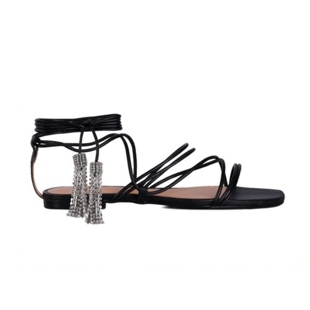 Sandália Feminina Rasteira Cascata De Brilhos Luiza Barcelos Preta Preto 5