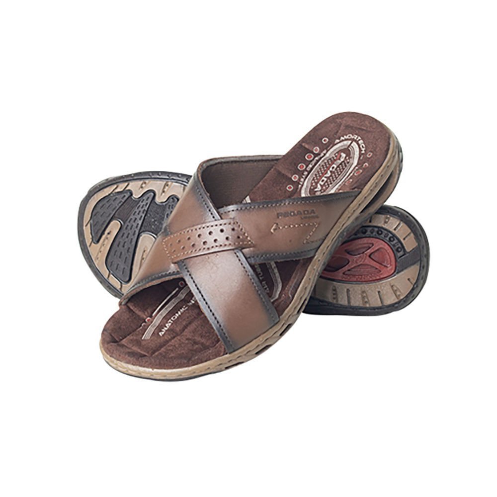 Chinelo Masculino Slide Em Couro Pegada Marrom Marrom 3