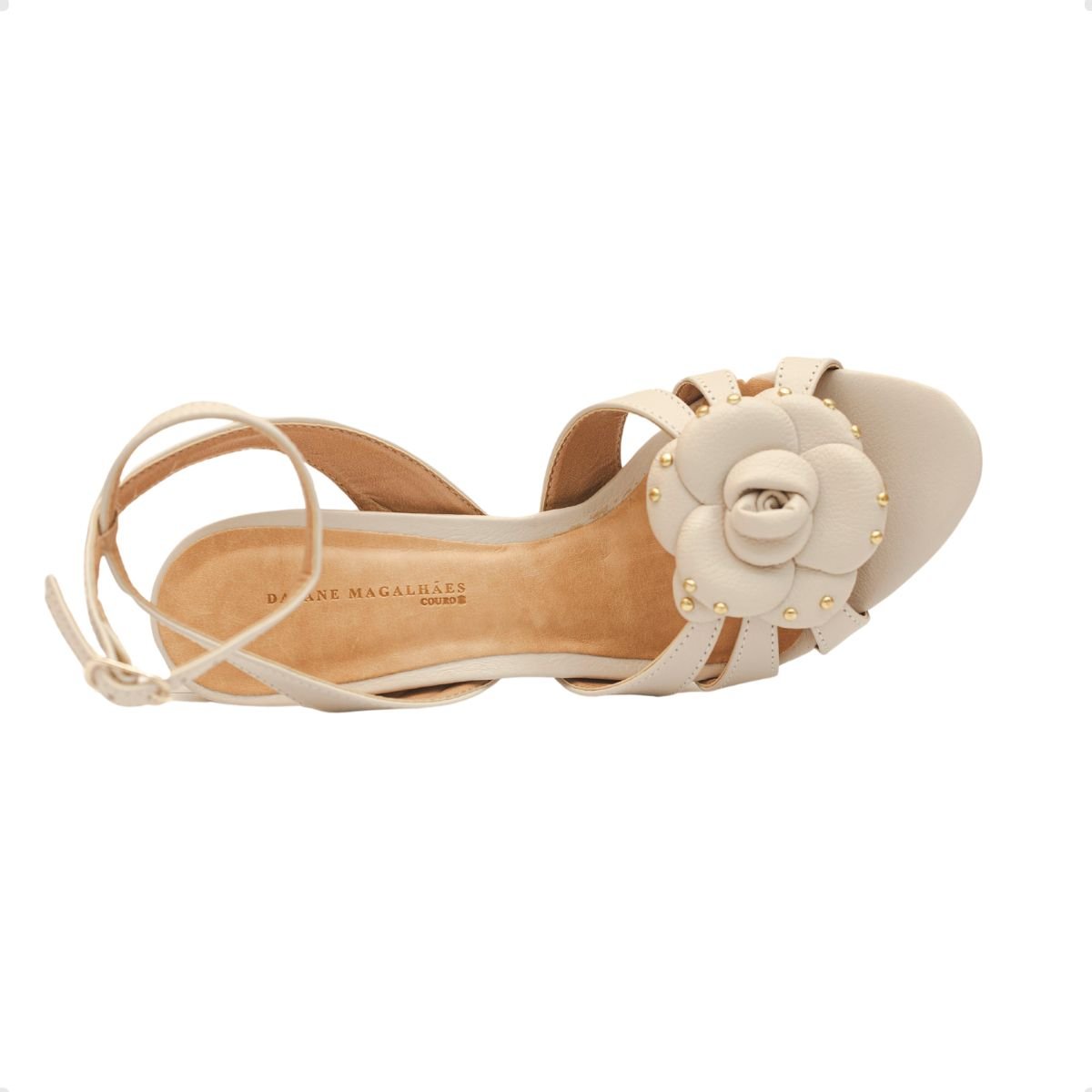 Sandália Salto Alto Fino Dm Celeste  Flor Couro Off White Branco 4