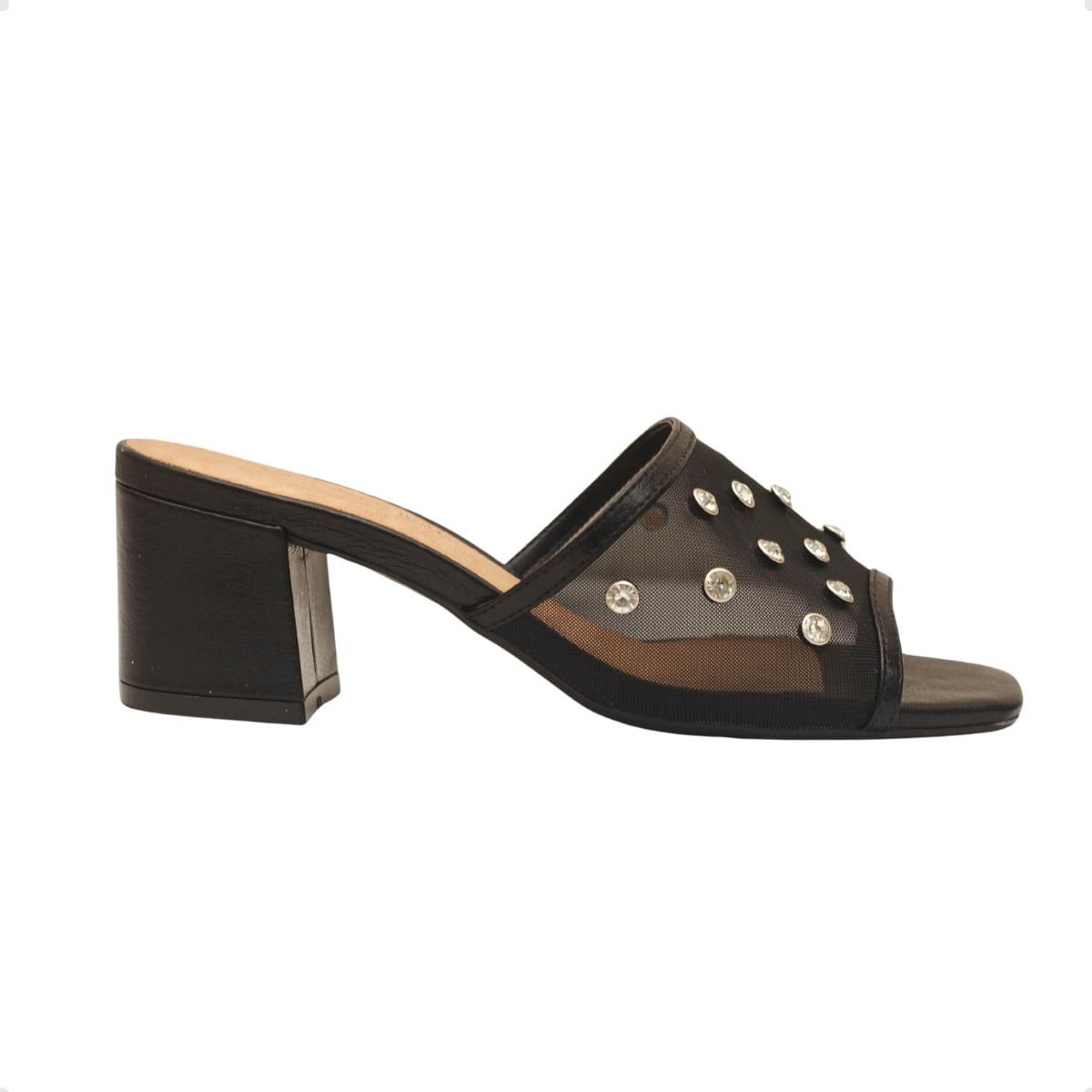 Tamanco Salto Alto Bloco Dm Celeste Couro Tela Strass Preto Preto 1