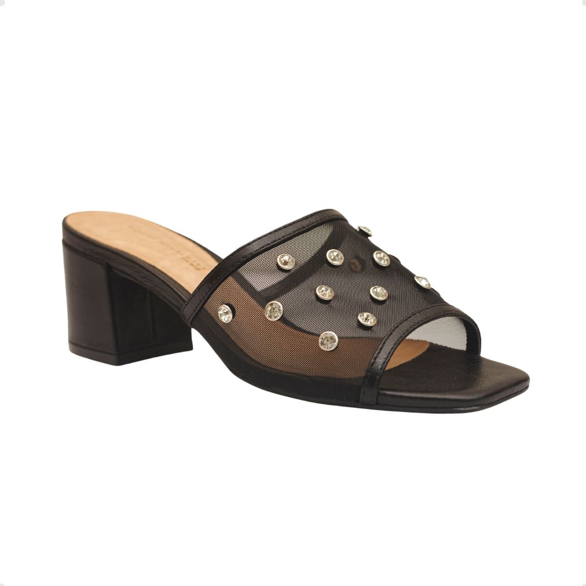 Tamanco Salto Alto Bloco Dm Celeste Couro Tela Strass Preto Preto 2