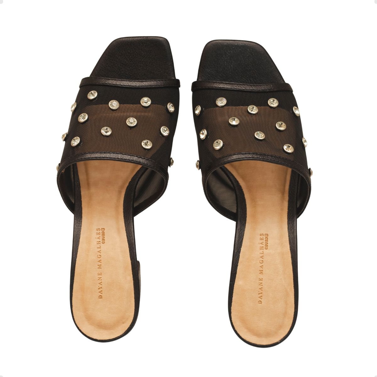 Tamanco Salto Alto Bloco Dm Celeste Couro Tela Strass Preto Preto 3