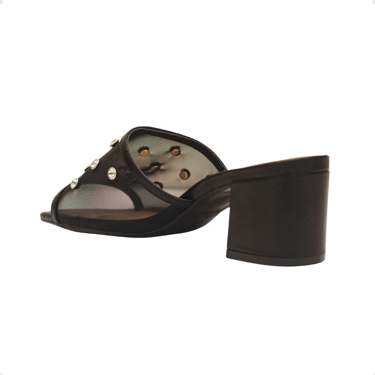 Tamanco Salto Alto Bloco Dm Celeste Couro Tela Strass Preto Preto 5