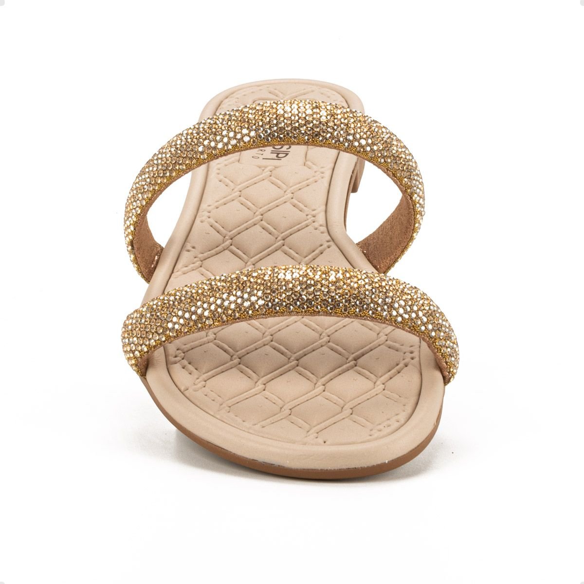 Tamanco Feminino Rasteiro Mississipi Bege Com Brilhos Dourado 3