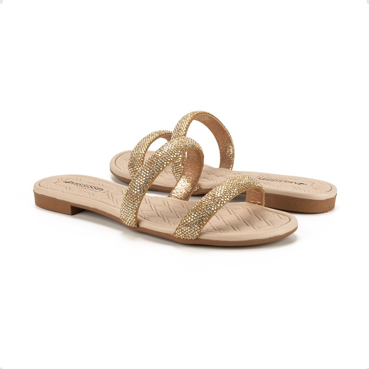 Tamanco Feminino Rasteiro Mississipi Bege Com Brilhos Dourado 4