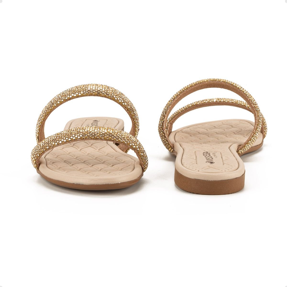 Tamanco Feminino Rasteiro Mississipi Bege Com Brilhos Dourado 5