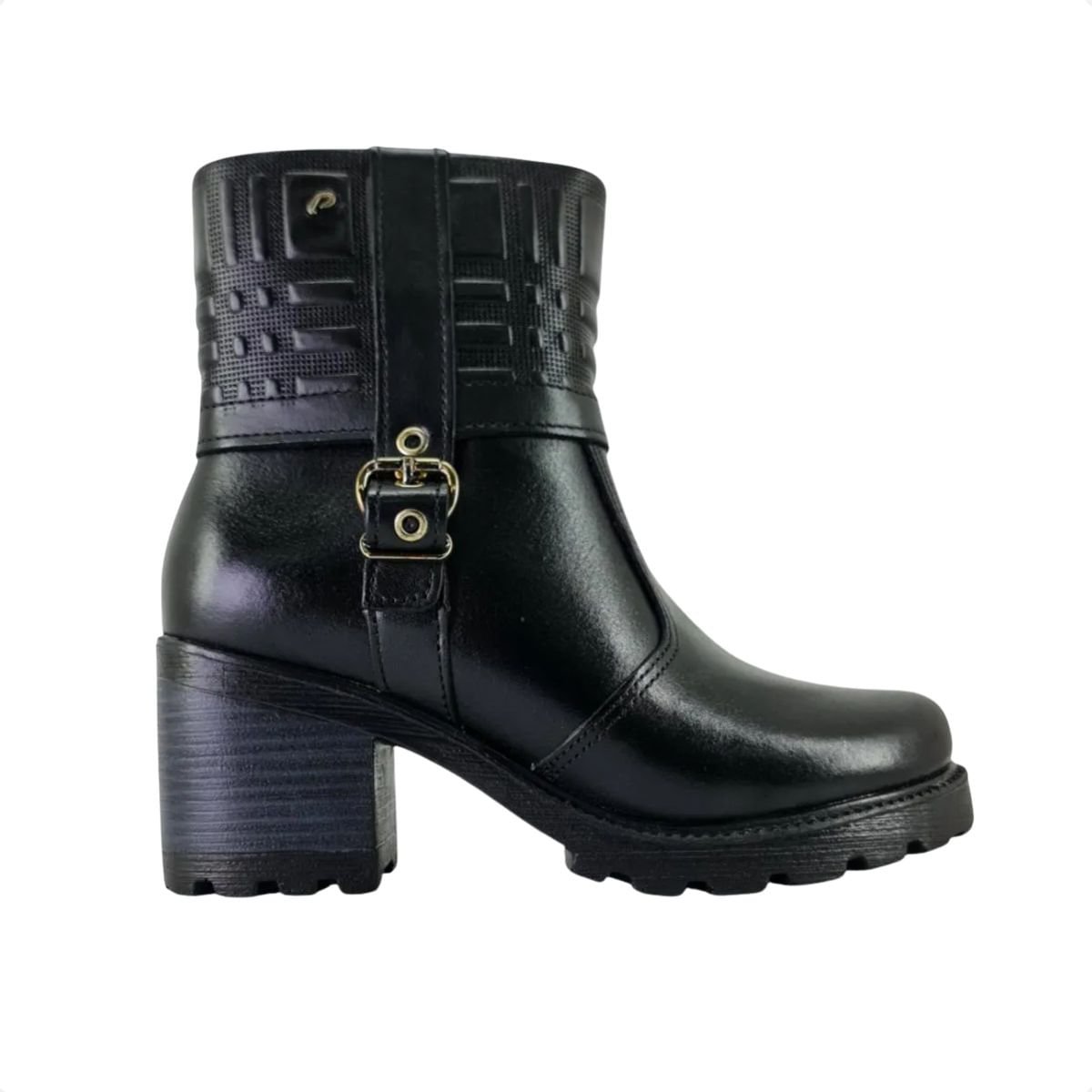Bota Feminina Em Couro Cano Baixo Pegada Preto