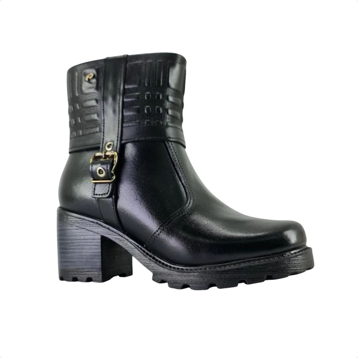 Bota Feminina Em Couro Cano Baixo Pegada Preto Preto 2