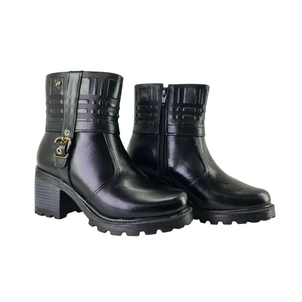 Bota Feminina Em Couro Cano Baixo Pegada Preto Preto 3