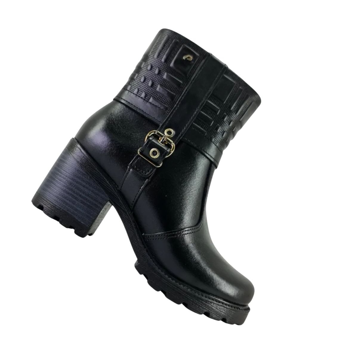 Bota Feminina Em Couro Cano Baixo Pegada Preto Preto 7
