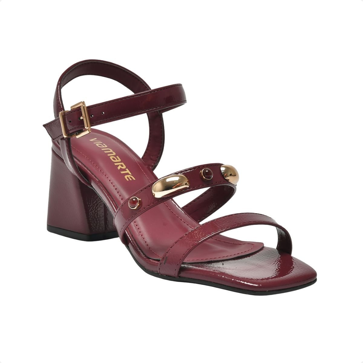 Sandália Salto Médio Grosso Apliques Via Marte Bordô 2