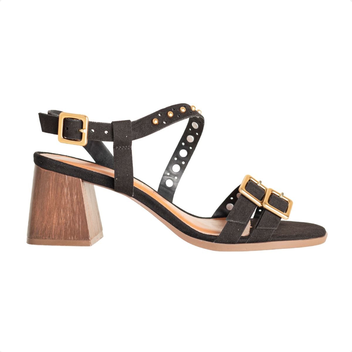 Sandália Dm Camurça Salto Bloco Tachas Preto