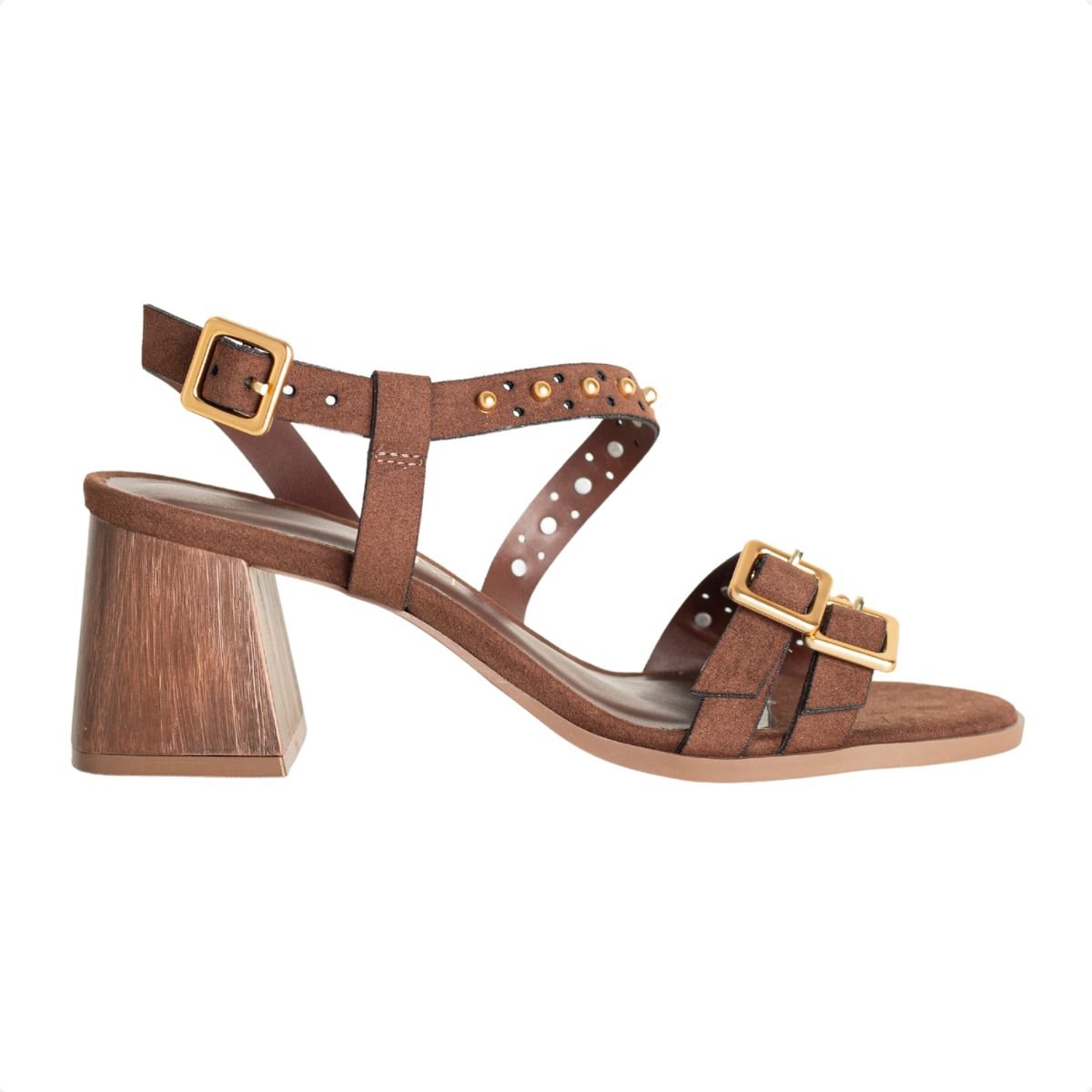 Sandália Dm Camurça Salto Bloco Tachas Marrom