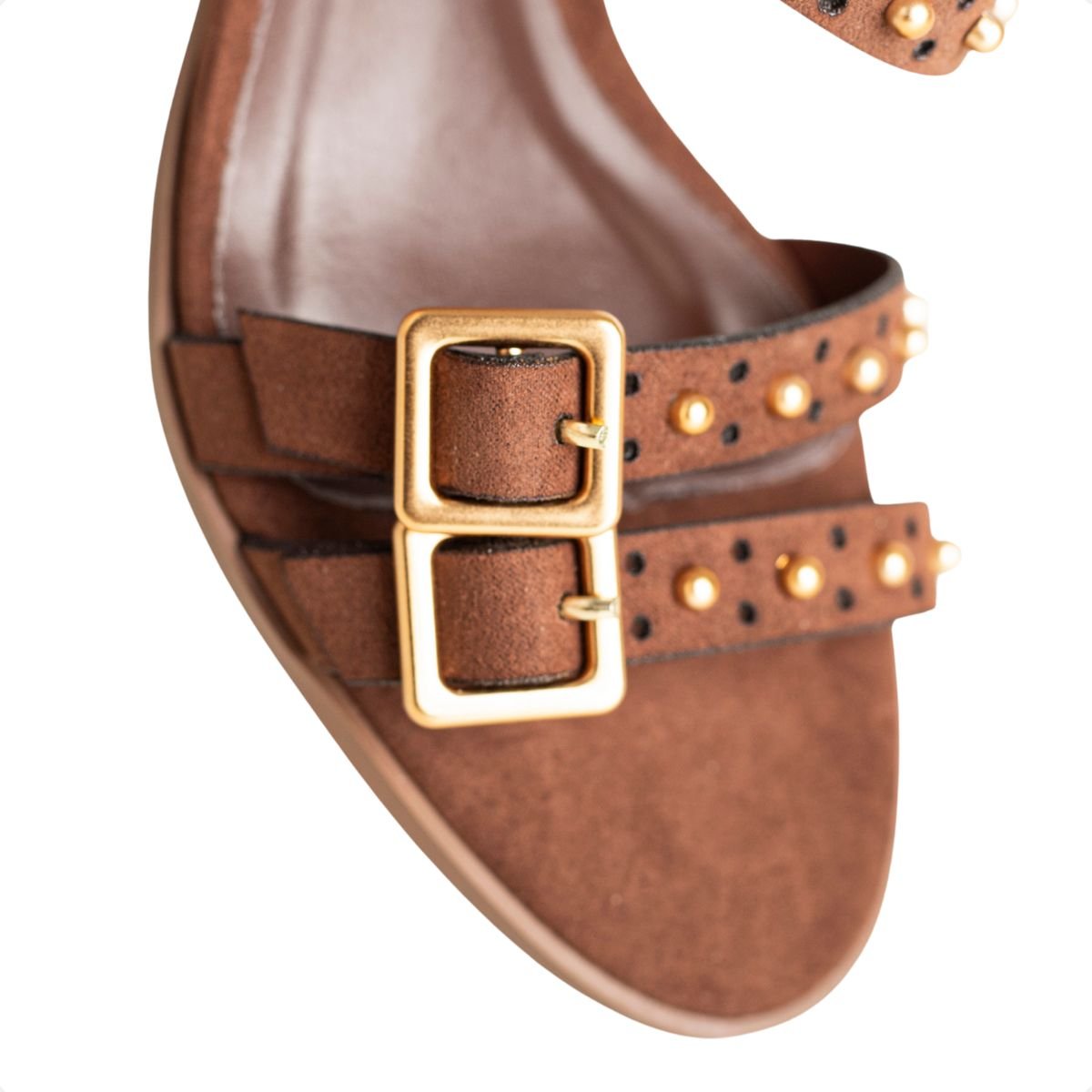 Sandália Dm Camurça Salto Bloco Tachas Marrom Marrom Claro 3