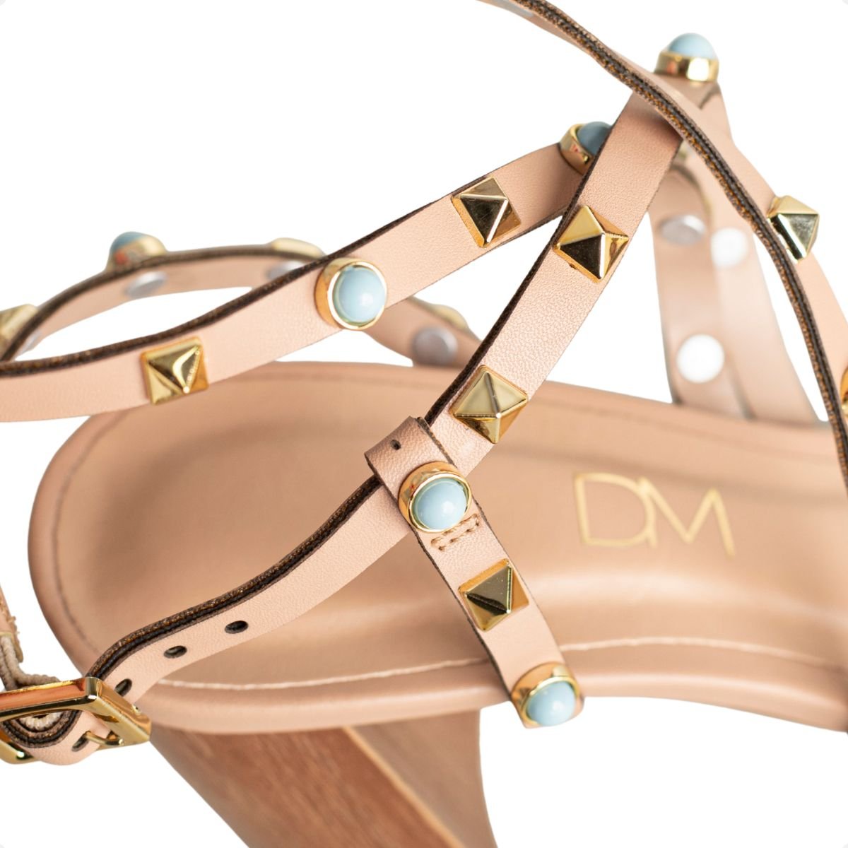 Sandália Dm Salto Bloco Tachas Nude Bege 7