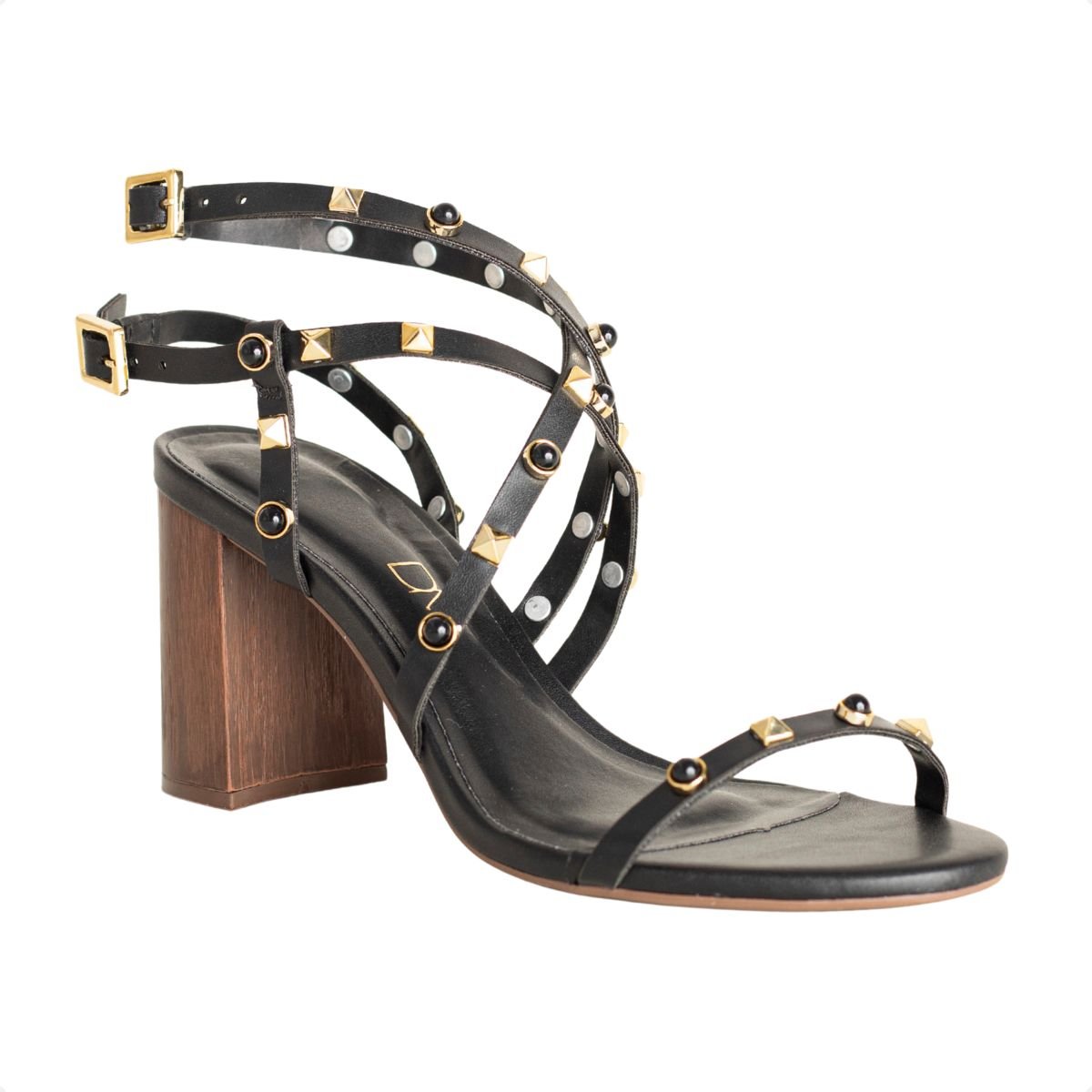 Sandália Dm Salto Bloco Tachas Preta Preto 2
