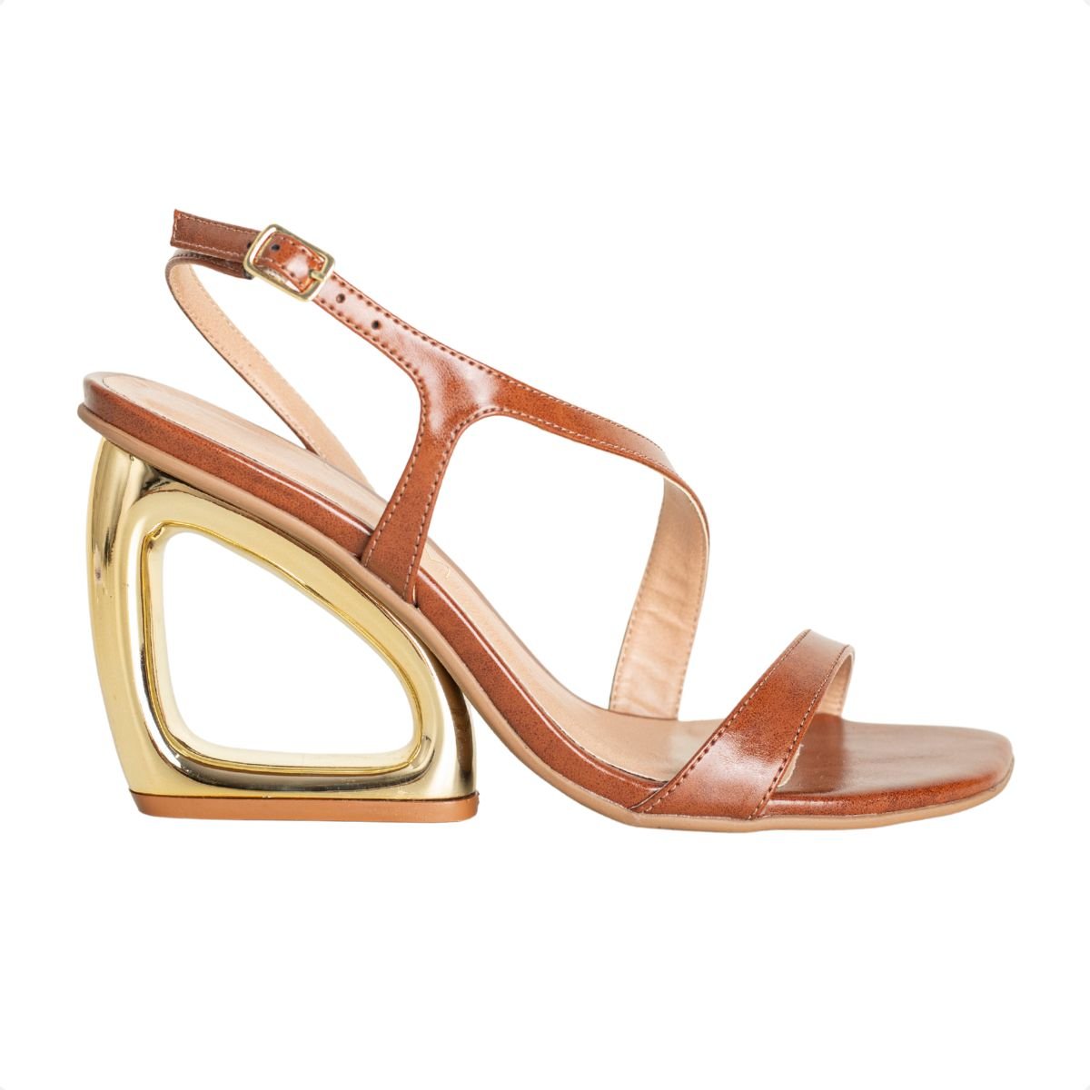 Sandália Feminina Salto Alto Grosso Orgânico Geométrico Dm Conhaque