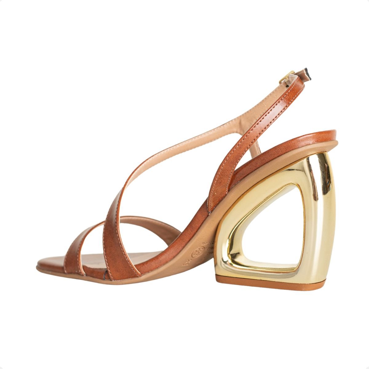 Sandália Feminina Salto Alto Grosso Orgânico Geométrico Dm Conhaque Marrom 5