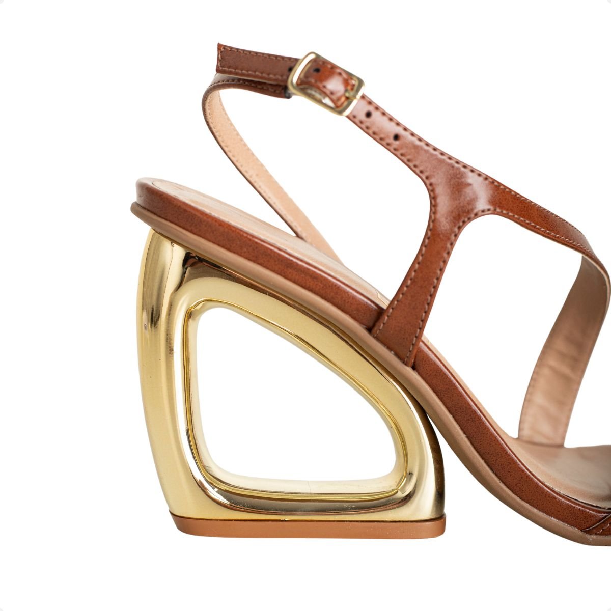 Sandália Feminina Salto Alto Grosso Orgânico Geométrico Dm Conhaque Marrom 7