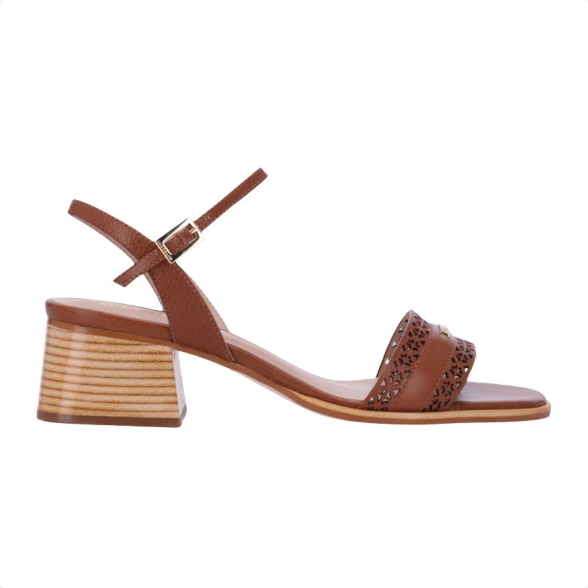 Sandália Feminina Salto Médio Bloco Couro Luz Da Lua