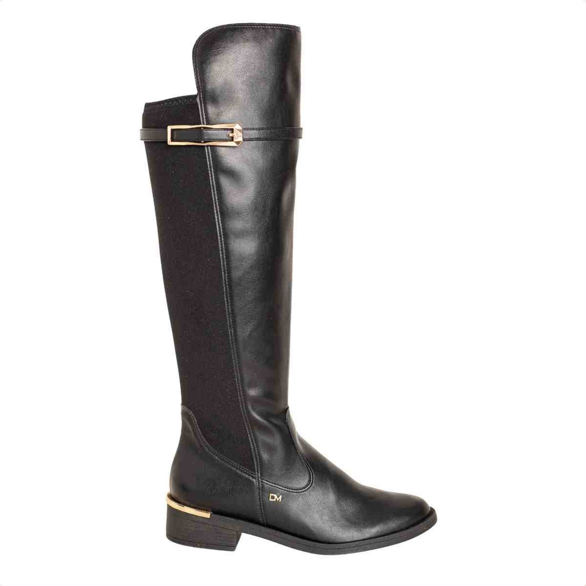 Bota Feminina Montaria Em Napa Rústica Com Lycra E Salto Preta