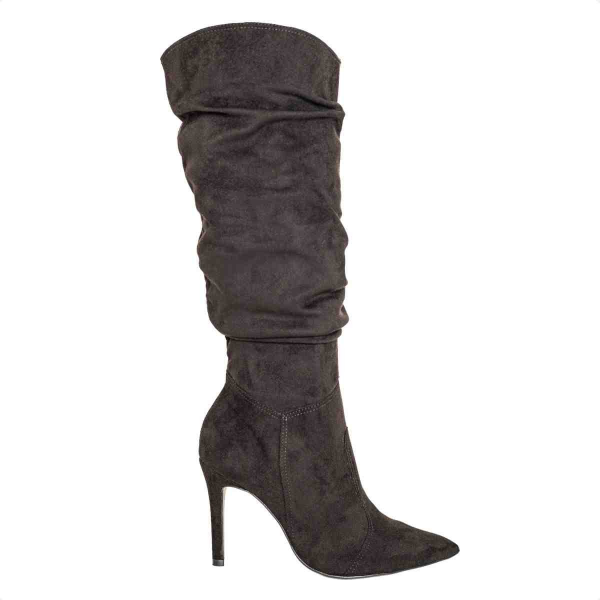 Bota Feminina Dm Cano Alto Em Camurça Stretch Com Salto Fino Preta