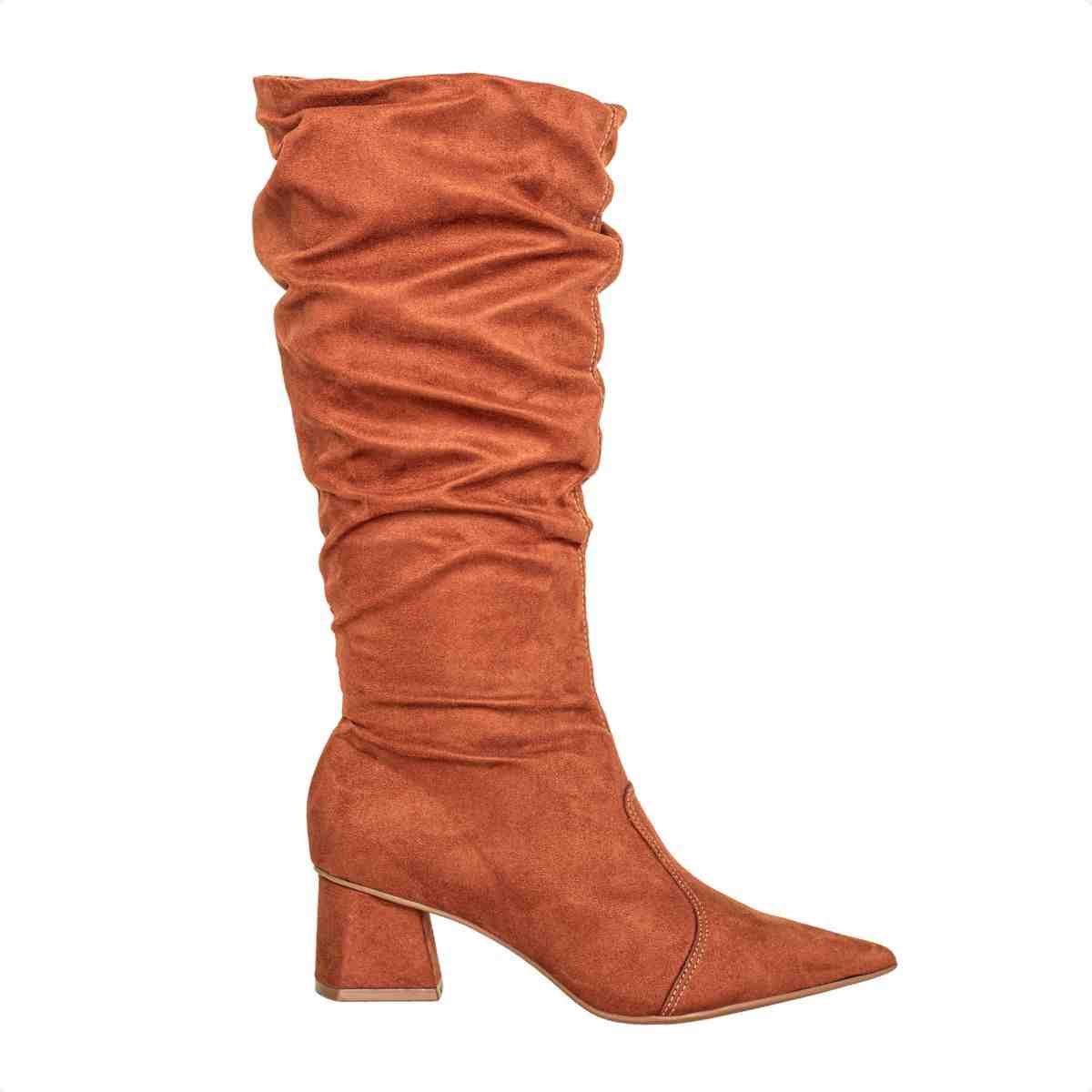 Bota Feminina Dm Cano Alto Em Camurça Pampa Com Salto Bloco Pecan
