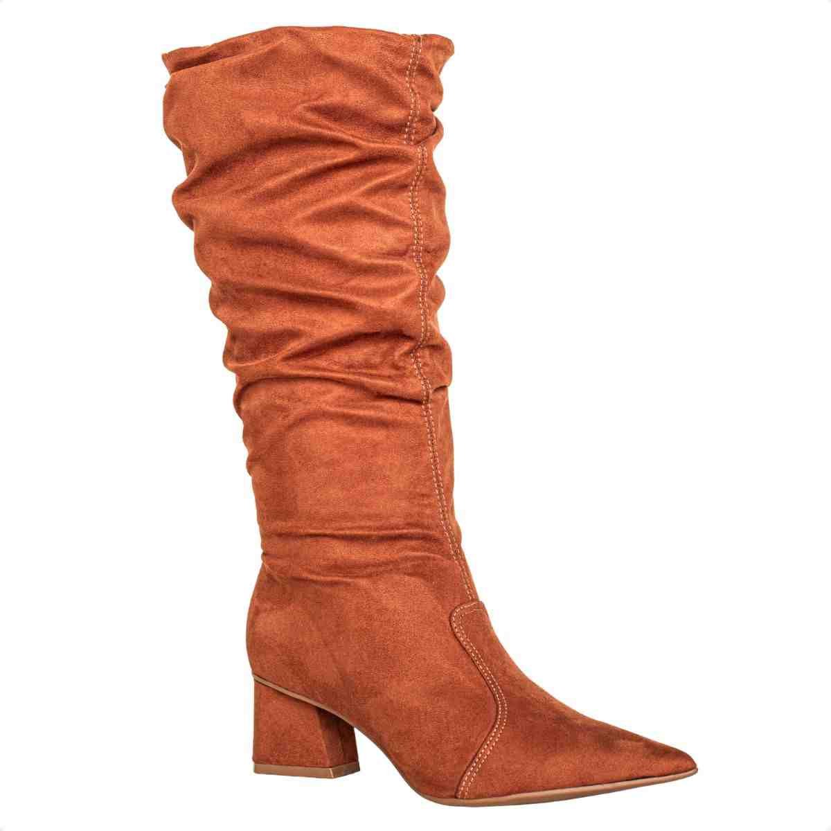 Bota Feminina Dm Cano Alto Em Camurça Pampa Com Salto Bloco Pecan Marrom 2