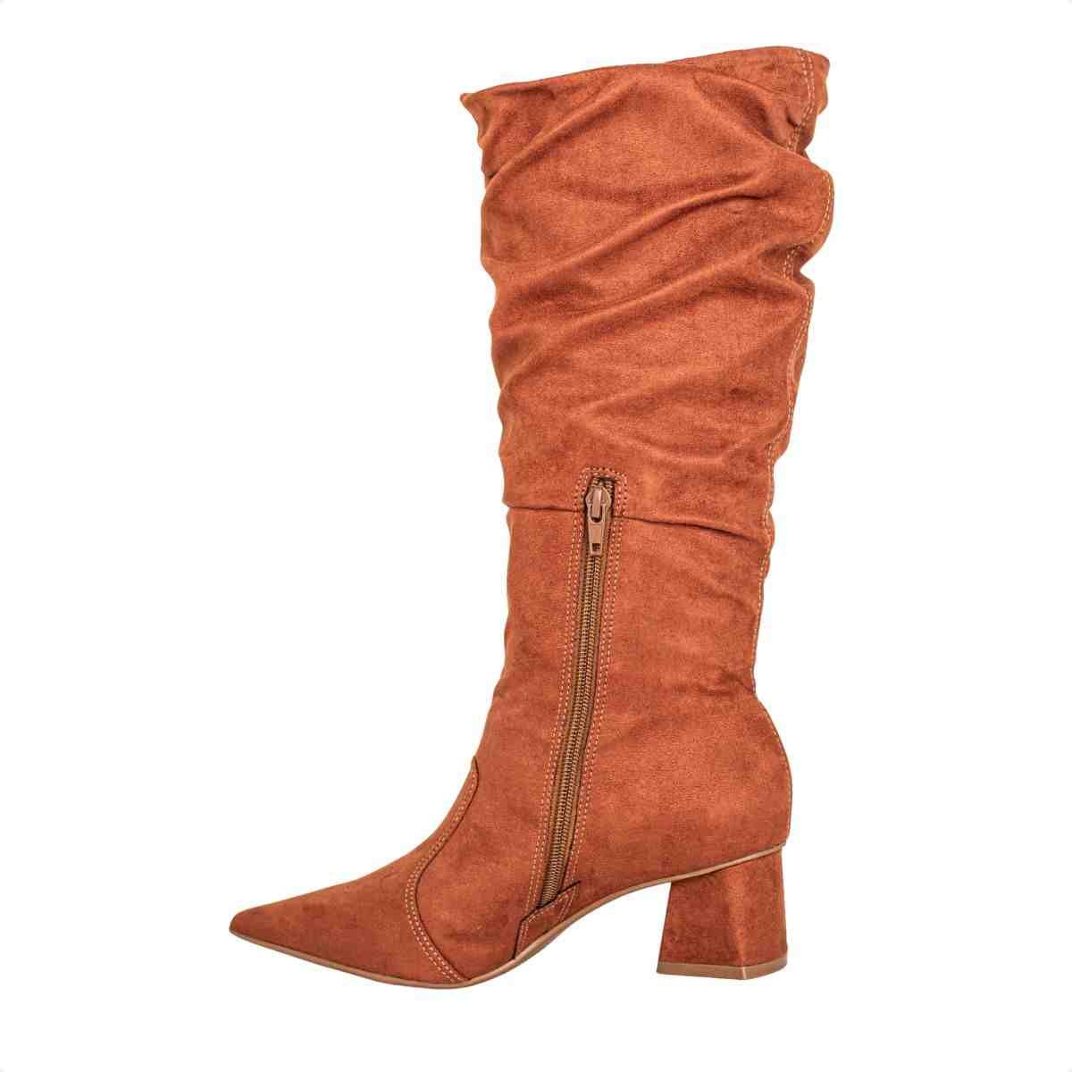 Bota Feminina Dm Cano Alto Em Camurça Pampa Com Salto Bloco Pecan Marrom 5