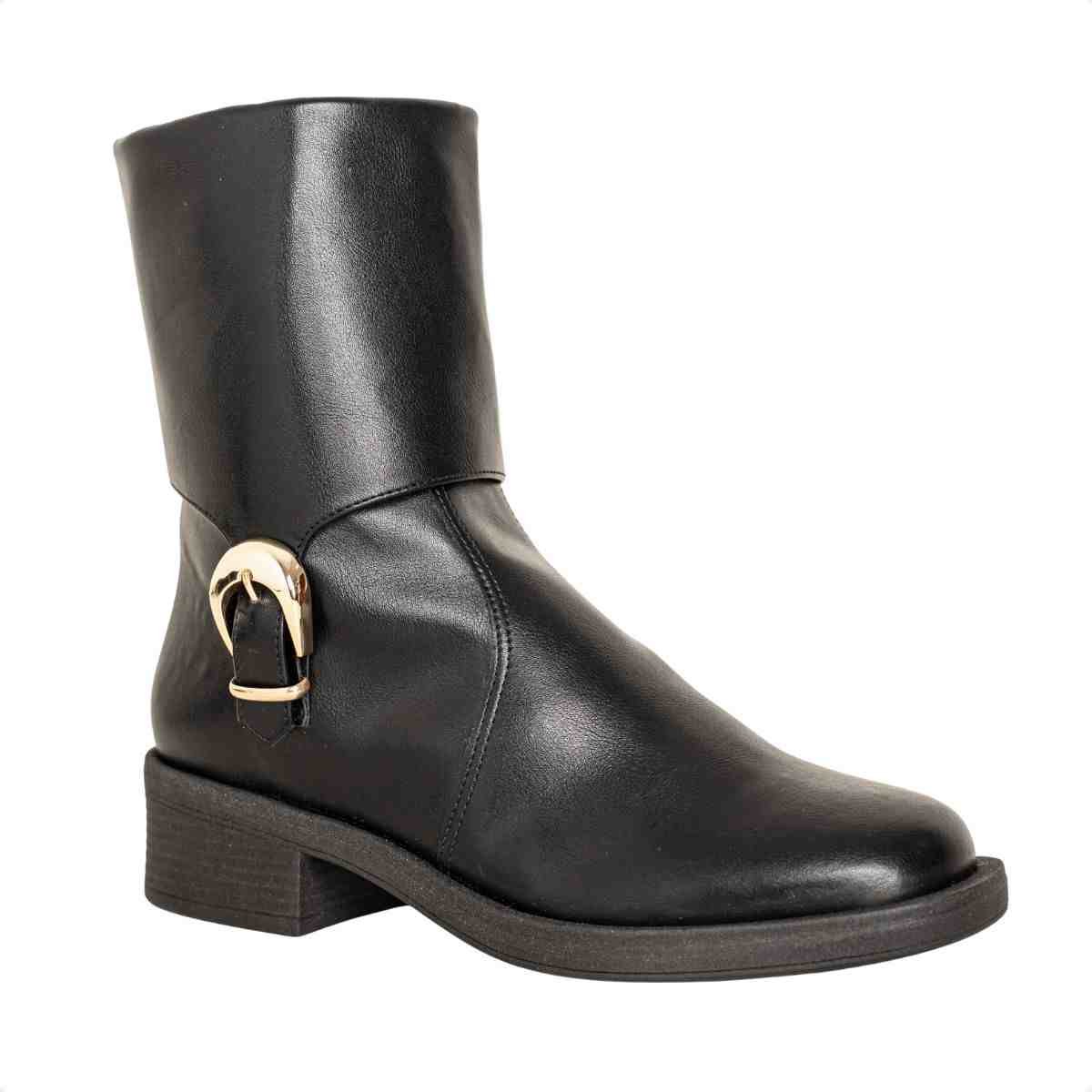 Bota Feminina Dm Em Napa Com Salto Baixo E Fivela Decorativa Preta Preto 2