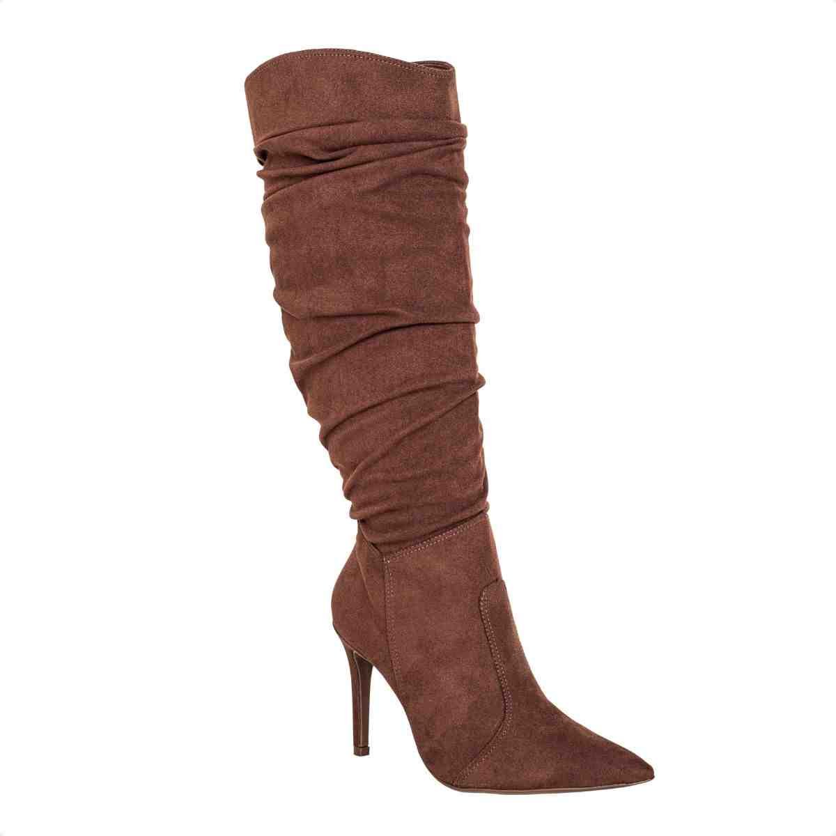 Bota Feminina Dm Cano Alto Em Camurça Stretch Com Salto Fino Expresso Marrom 2