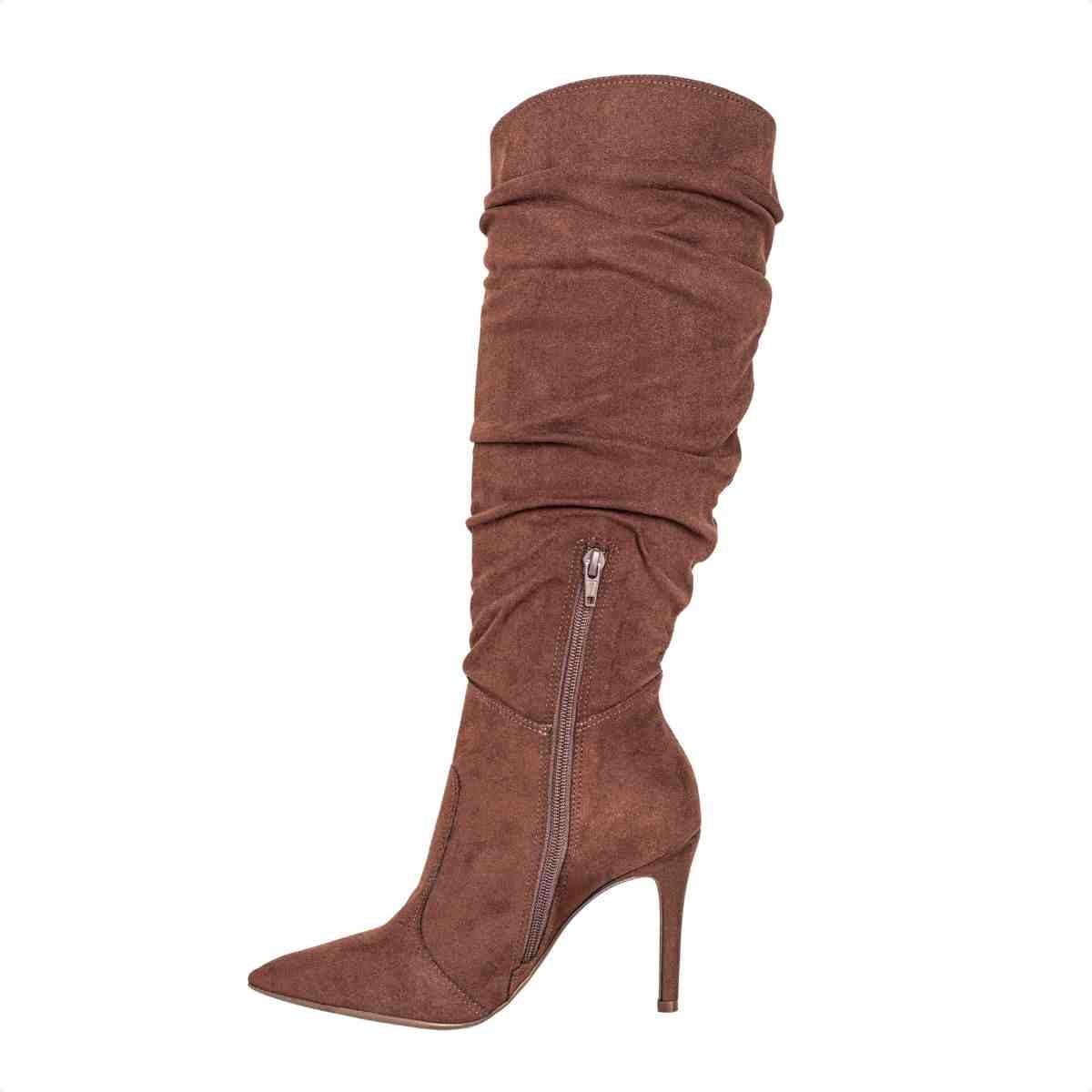 Bota Feminina Dm Cano Alto Em Camurça Stretch Com Salto Fino Expresso Marrom 5
