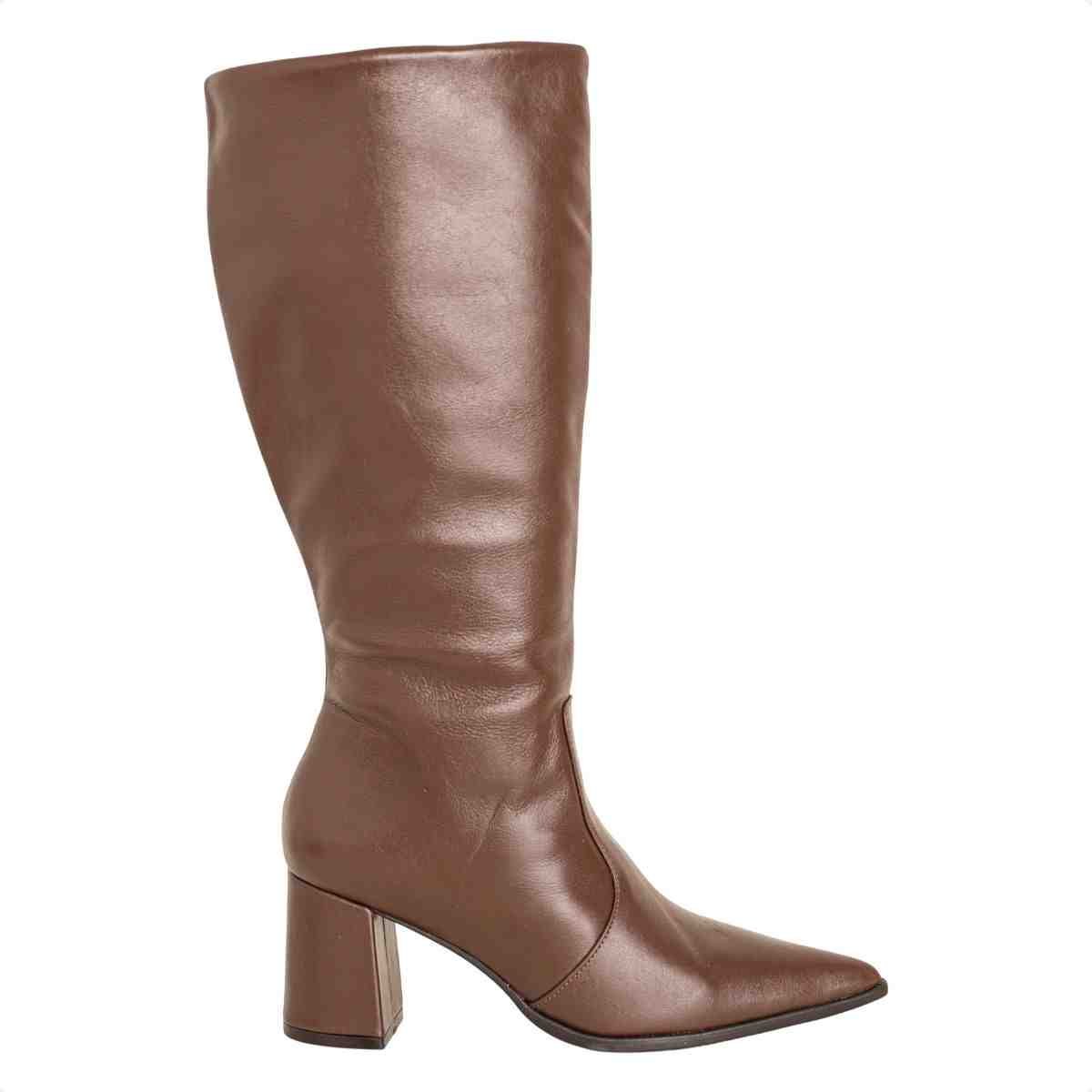 Bota Feminina Dm Cano Alto Em Couro Com Salto Bloco E Bico Fino Veneto Brown